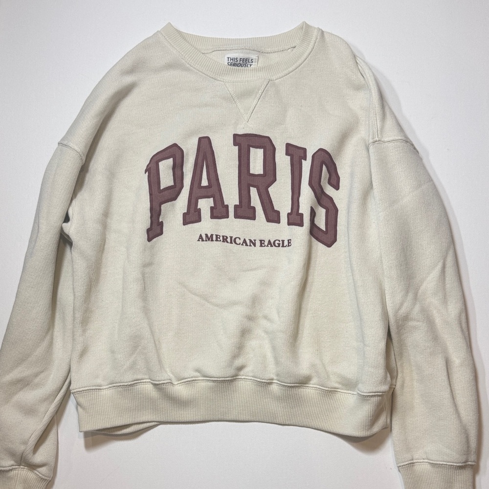 American Eagle Outfitters Cream Crewneck Sweatshirt with Mauve PARIS Logo